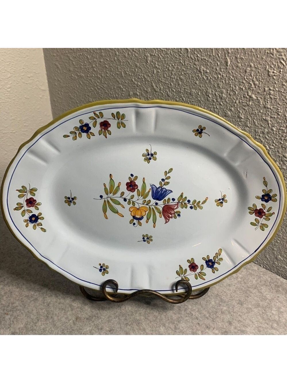 PV Vintage Italy Handpainted BLUE FLORAL 15" Oval Platter